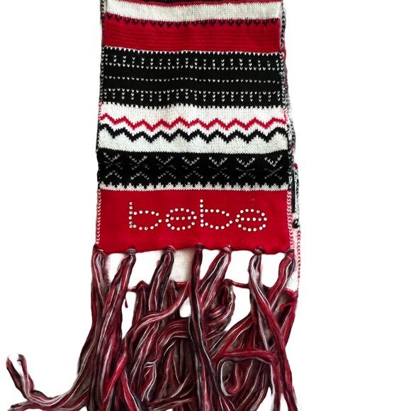 BEBE Women's Multicolor Plush Scarf Silver Rhinestone Logo 80x10 Cozy Warm - Picture 2 of 2